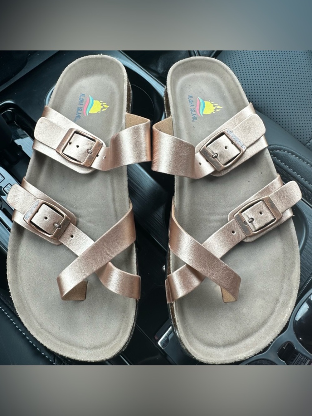 Aloha Island Metallic Rose Gold Crisscross Buckle Sandals